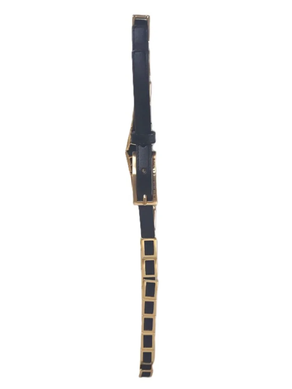 Black Leather Belt with Stretch Gold Chain Detail Medium/Large Quiet Luxury